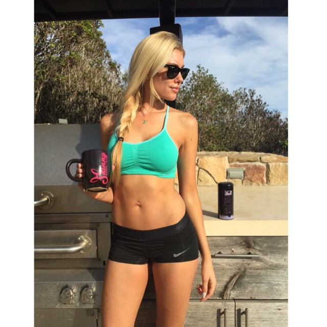 Sexy Hot Celebrities drinking coffee in bikini shorts In Yoga Pants