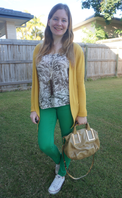mustard yellow cardigan with green jeans brown printed tank and chloe ethel bag spring wfh style | awayfromblue