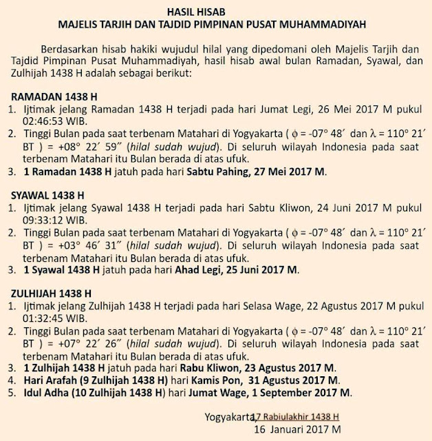 Inilah Awal Puasa Ramadhan dan Hari Idul Fitri 2017 versi Muhammadiyah