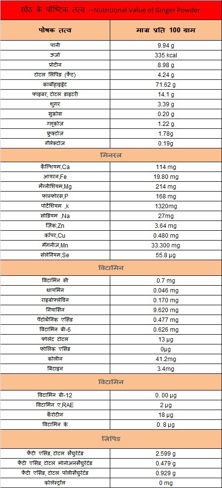 सोंठ के पौष्टिक तत्व – Nutritional Value of Ginger Powder
