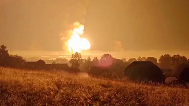 Smoke and flames rise following a Ukrainian drone attack in Toropets in the Tver region, RussiaSmoke and flames rise following a Ukrainian drone attack in Toropets in the Tver region, Russia