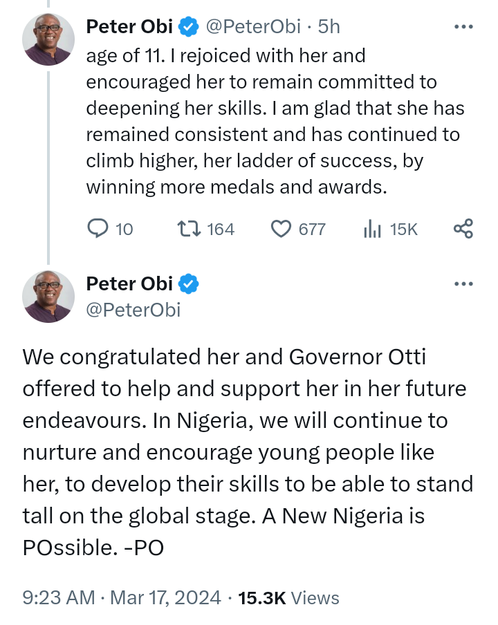 Former Governor of Anambra State, Peter Obi, and Executive Governor of Abia State, Alex Otti, meet "Nigerian wonder girl of gymnastics"