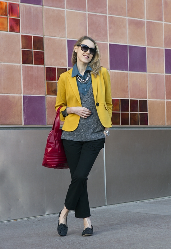 The Wind of Inspiration Outfit of the Day  Post – “Warm And Cool Color Combo” (Asos Sleeveless Shirt, Club Monaco Silver Sweater, Kasper Mustard Blazer, Asos Cropped Pant, Sam Edelman Loafers, Walter By Walter Baker Handbag, Michael Kors Wilmette Sunglasses, Alfani Multi Chain Necklace Necklace, Wittnauer Chronograph Watch, American Apparel Nail Polish)