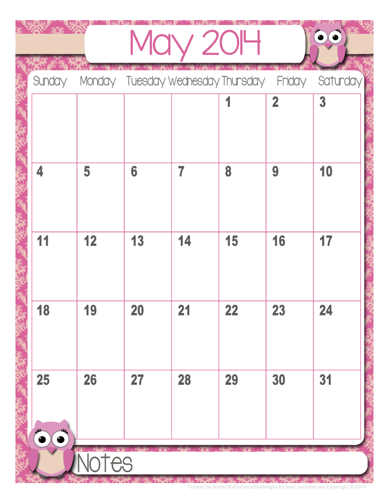 My Fashionable Designs FREE Printable May Calendar