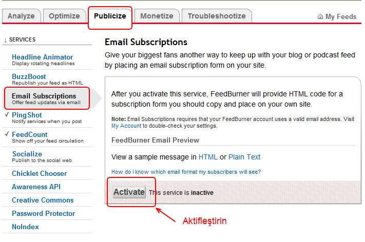 Feedburner eposta aboneliğini aktifleştirme