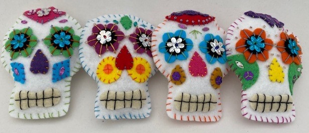 Felt embroidered sugar skulls for Halloween