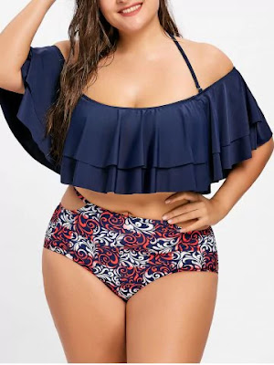 Tier Flounce Print Plus Size Halter Bikini - Blue And Red - Xl