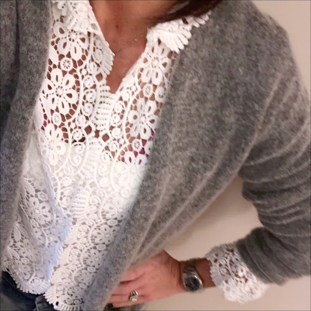 My Midlife fashion, hm mohair cardigan, zara lace top, zara vest top, zara distressed boyfriend jeans, hush thornton ankle boots