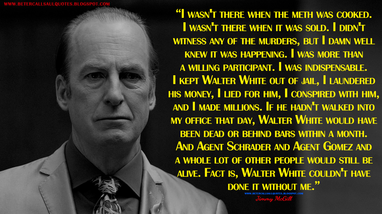 I wasn't there when the meth was cooked. I wasn't there when it was sold. I didn't witness any of the murders, but I damn well knew it was happening. I was more than a willing participant. I was indispensable. I kept Walter White out of jail, I laundered his money, I lied for him, I conspired with him, and I made millions. If he hadn't walked into my office that day, Walter White would have been dead or behind bars within a month. And Agent Schrader and Agent Gomez and a whole lot of other people would still be alive. Fact is, Walter White couldn't have done it without me.