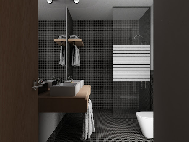 Proyecto 3D de baño de habitación de hotel.
