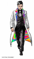 A pencil drawing of a dynamic-looking nonbinary person striding towards the viewer. Their short, floppy, jet-black hair (with side buzz, naturally) is interrupted by a dashing white lock, a pattern which is reflected by the doctor’s sharp monochrome suit. Their ensemble is completed with the psychedelic, rainbow-lapelled, rainbow-lined trench coat which billows dramatically behind them. Under their left eye is a black sigil, making it look like the Eye of Horus. Beneath the picture is the hand-drawn text “Doctor Endless”.