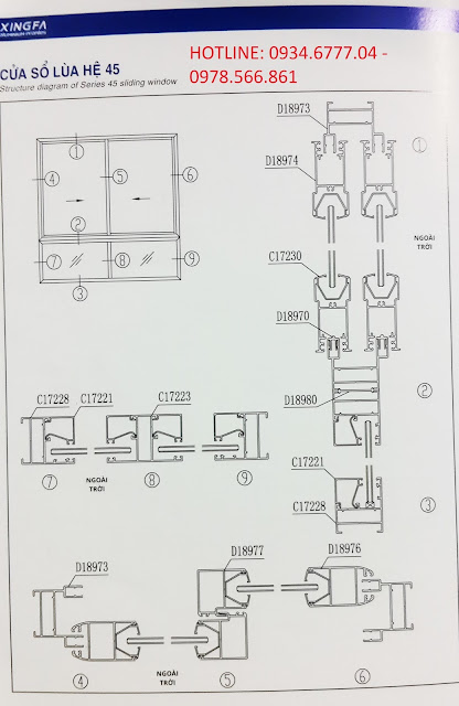 Kết cấu cửa sổ mở lùa nhôm Xingfa hệ 45