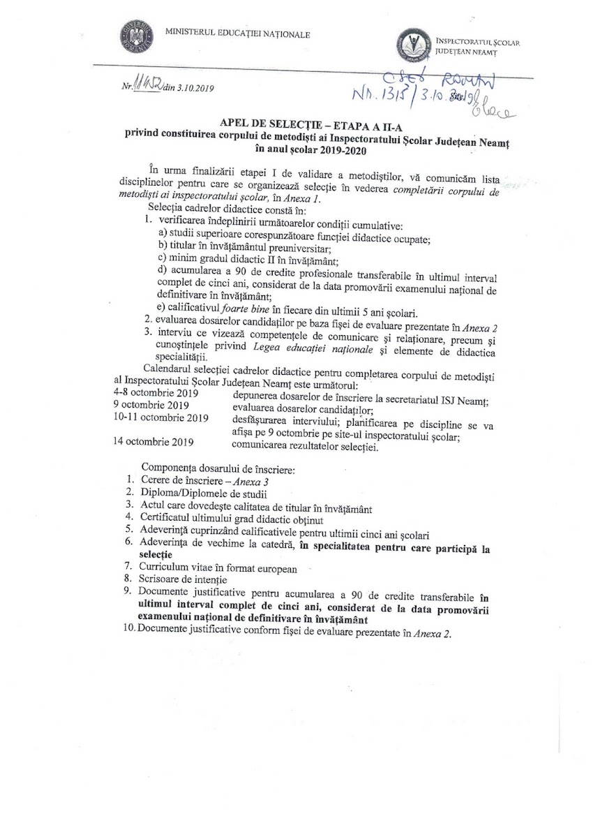 Apel selectie metodisti 2019-2020, I.S.J. Neamt, etapa a II-a