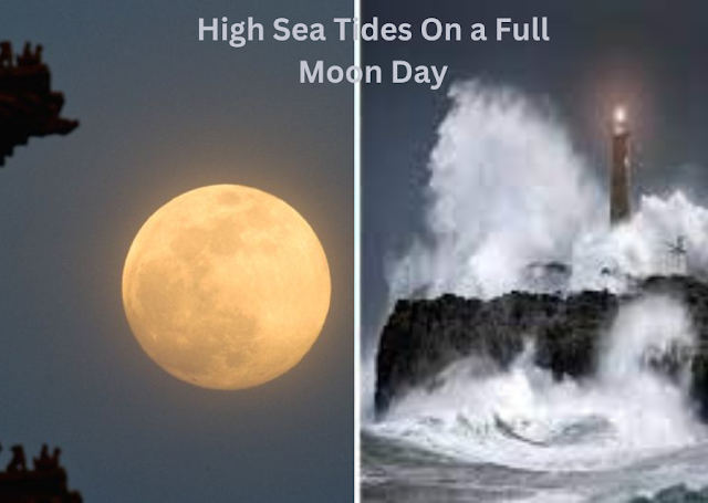 High tides in the sea on a full moon day
