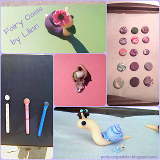 A collage of 5 separate images of polymer clay items.  A total of 3 snails, 3 pens, a crystal pendant with roots growing around it, and 18 imitation hard candies.  