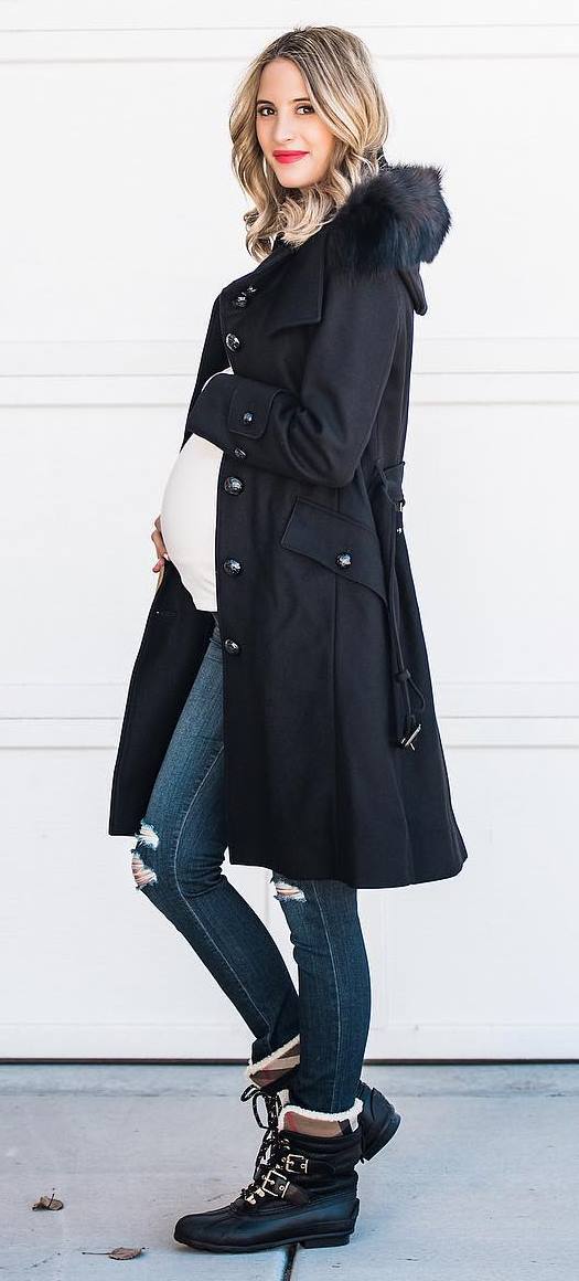 winter outfit idea : coat + white top + skinny jeans + boots