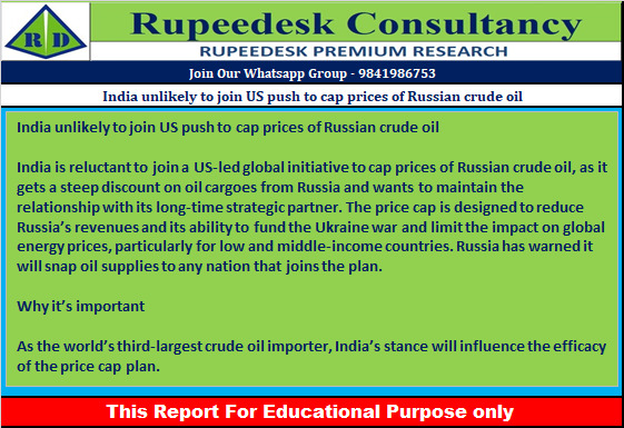 India unlikely to join US push to cap prices of Russian crude oil - Rupeedesk Reports - 18.10.2022