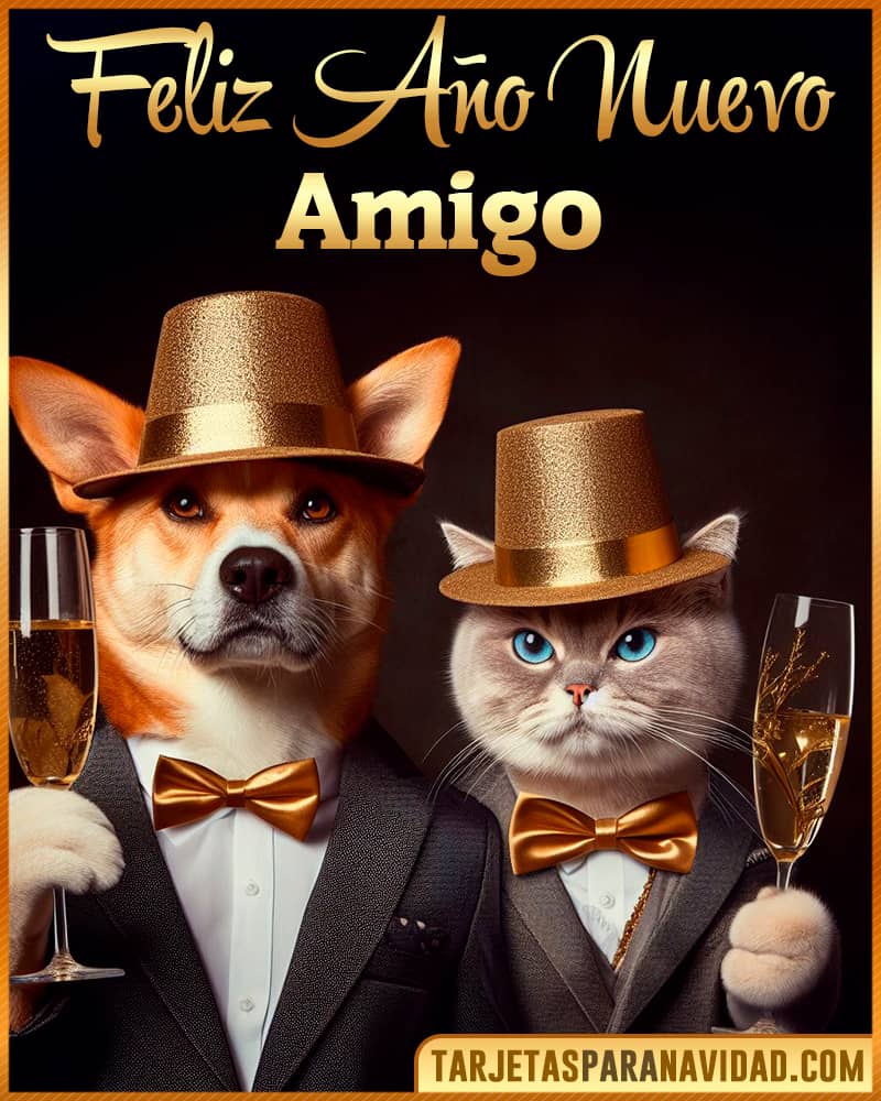 Tarjeta De Feliz Año Nuevo De Perro Y Gato Para Amigo