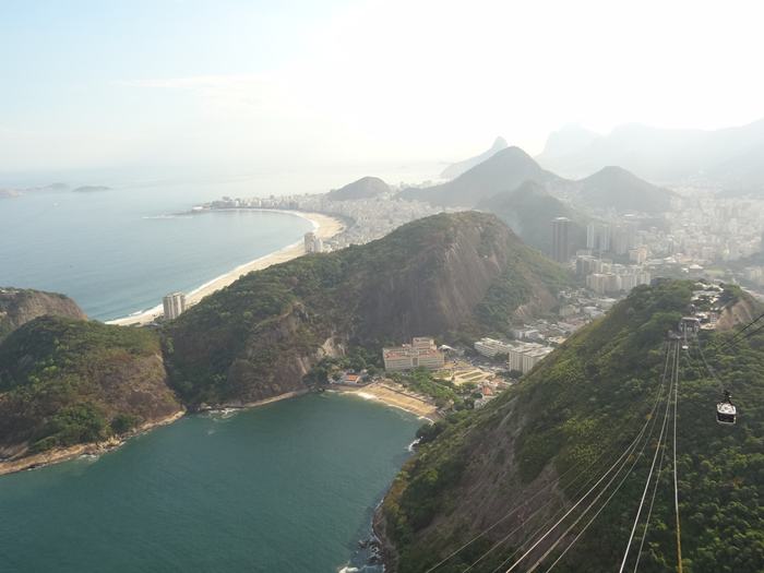 Sugarloaf Mountain, is a peak situated in Rio de Janeiro, Brazil, at the mouth of Guanabara Bay on a peninsula that sticks out into the Atlantic Ocean. Rising 396 metres (1,299 ft) above the harbor, its name is said to refer to its resemblance to the traditional shape of concentrated refined loaf sugar.