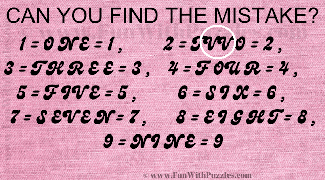 CAN YOU FIND THE MISTAKE? 1=ONE=1, 2=TVVO=2, 3=THREE=3, 4=FOUR=4, 5=FIVE=5, 6=SIX=6, 7=SEVEN=7, 8=EIGHT=8, 9=NINE=9