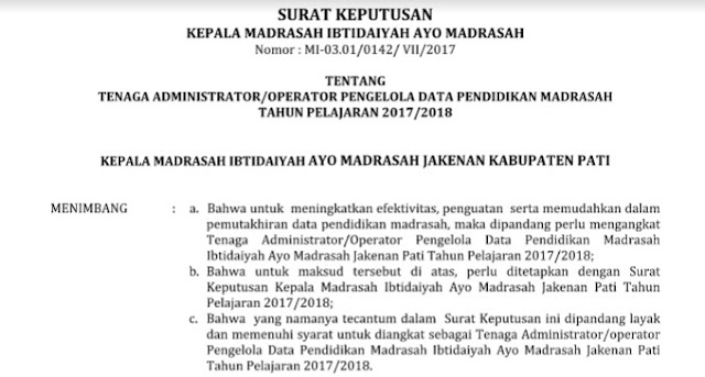 Contoh SK Operator Madrasah untuk Pengelola Emis