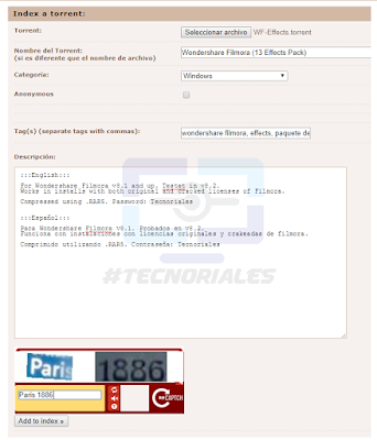 Formulario en thepiratebay para indexar el torrent
