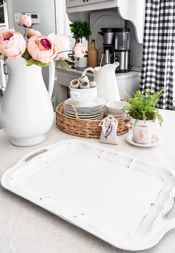 white painted and antiqued silver tray, vintage ironstone, basket, pink peonies