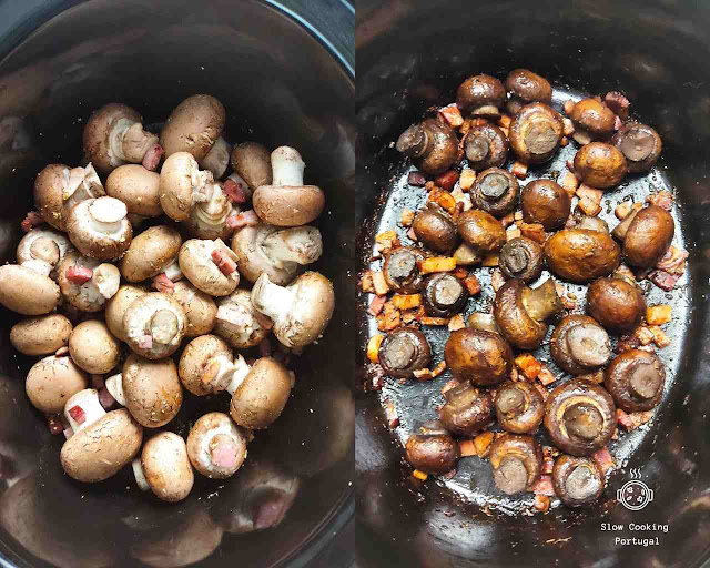 Antes e depois Cogumelos com bacon na slow cooker