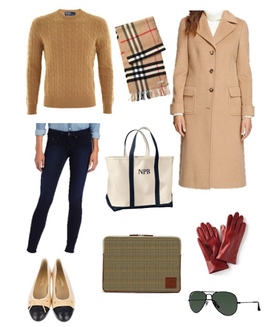 Camel coat, red leather gloves, cashmere cable knit and barrington gifts laptop case