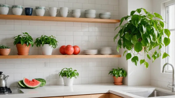 Modern kitchen showcasing a lush hanging plant and smaller potted greenery on open wooden shelves above white tiles.