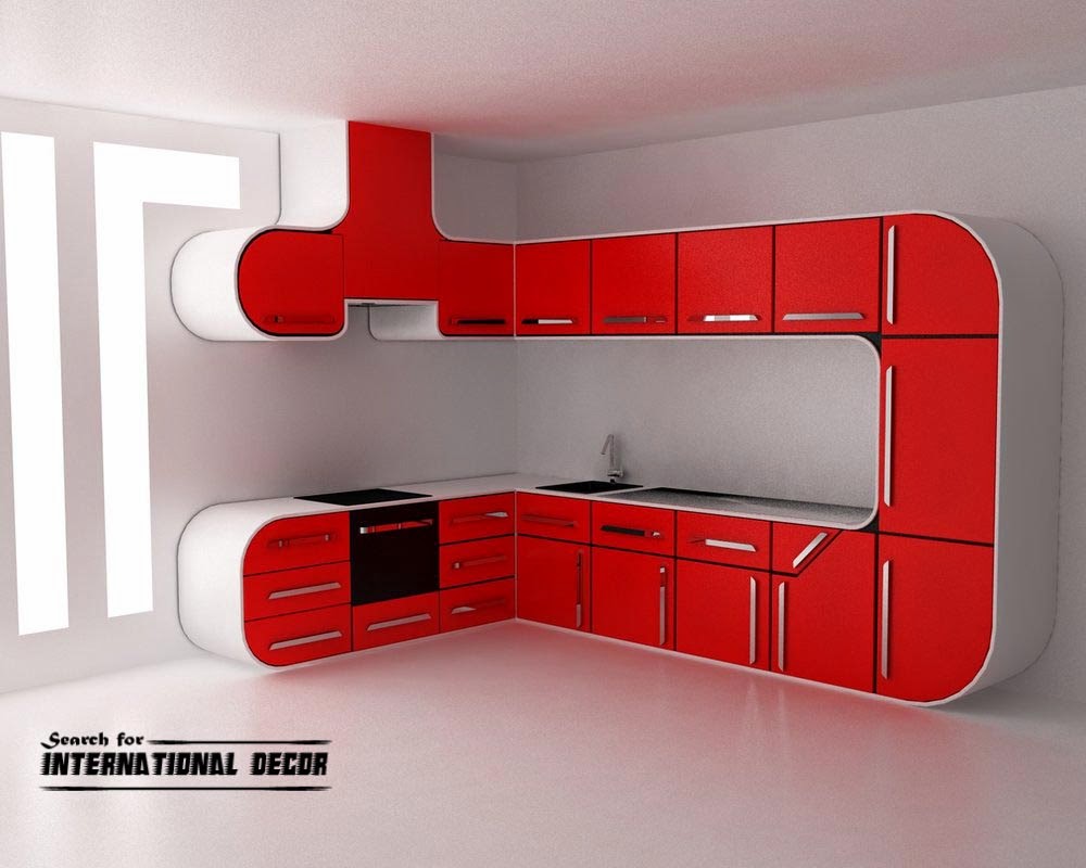 futuristic red kitchen in high-tech style