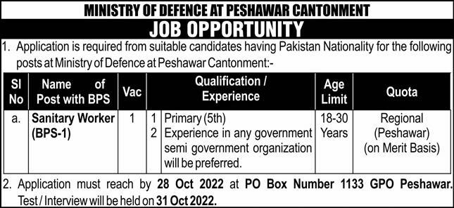 Latest Ministry of Defence Labor Posts Peshawar 2022