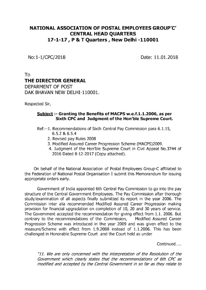 Granting the Benefits of MACPS w.e.f.1.1.2006, as per Sixth CPC and  Judgment of the Hon’ble Supreme Court : NAPE Letter to DG Posts.