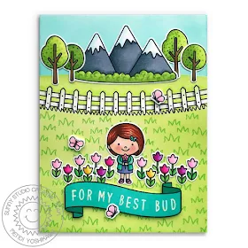 Sunny Studio Blog: "For My Best Bud" Punny Girl with Tulip Field Card (using Spring Showers, Spring Scenes, Banner Basics & Kinsley Alphabet Stamps)