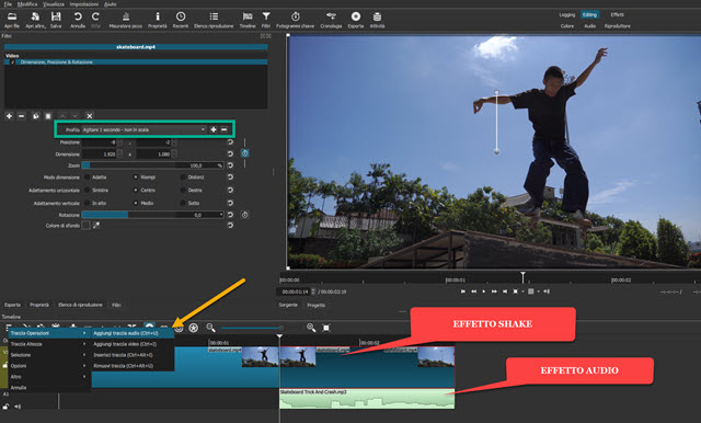 effetto audio e effetto shake shotcut
