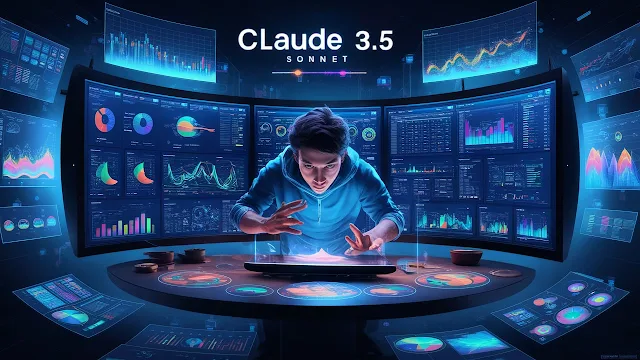 a user working on a data-driven project, with visual representations of the model's ability to extract insights and present them in compelling, interactive formats.