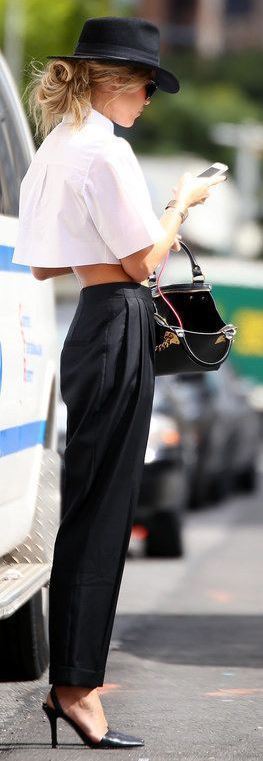 cute spring outfit idea  / white crop top + heels + pants + bag + hat