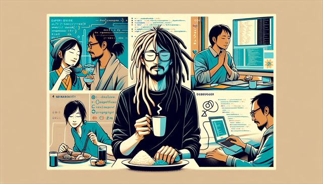 An abstract, minimalist illustration divided into four sections, each representing different experiences of a casual Japanese man with dreadlocks throughout his day. The first section shows him and his ex-wife enjoying food at an Indian restaurant, conveying a cozy and simple atmosphere. The second section depicts him programming, with abstract symbols for coding complexity and debugger use. The third section illustrates him giving a gift to a young Indian man, suggesting a birthday celebration. The fourth section shows him looking at a laptop. In the center, the main character closes his eyes, reflecting on his day, symbolizing introspection and the convergence of these varied experiences. The overall style is minimalistic, using clean lines and limited colors.