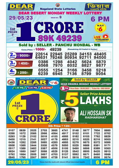 Dear Lottery Result 29.05.2023 6 PM