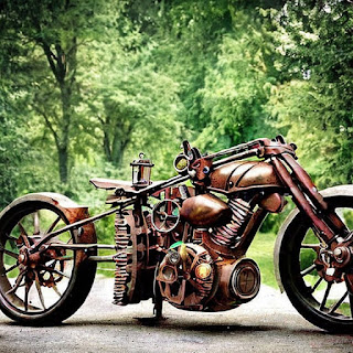 A motorcycle in steampunk style in front of a forest background