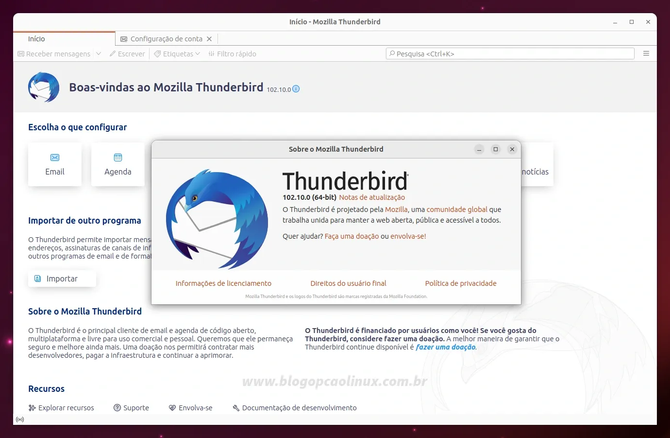 Mozilla Thunderbird executando no Ubuntu 23.04 (Lunar Lobster)