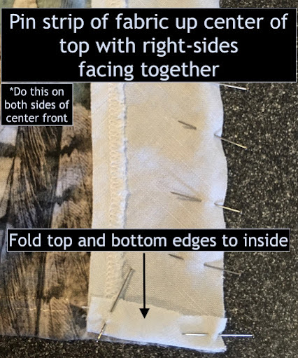 Picture of top with instructions on how to pin center strip up center opening of top.