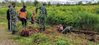 Kodim Putussibau Gelar Karya Bhakti di Jalan Putussibau - Kalis yang Kerap Tergenang dan Berlobang