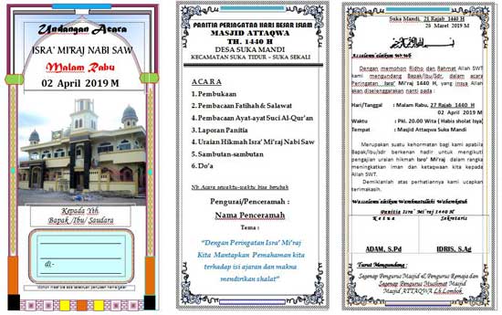 Download contoh desain surat undangan peringatan hari besar islam isra mi’raj di masjid format docx