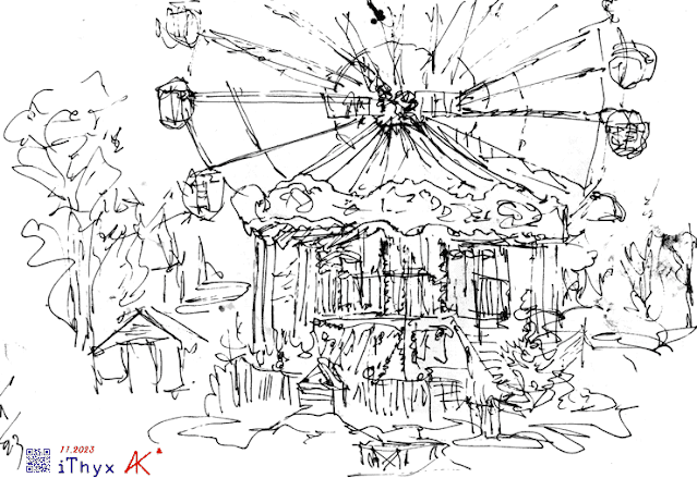 Набросок: СКАЗОЧНАЯ КАРУСЕЛЬ и КОЛЕСО ОБОЗРЕНИЯ — парк «Сказка» в ноябрьском снегу Москва. Автор рисунка: художник #iThyx