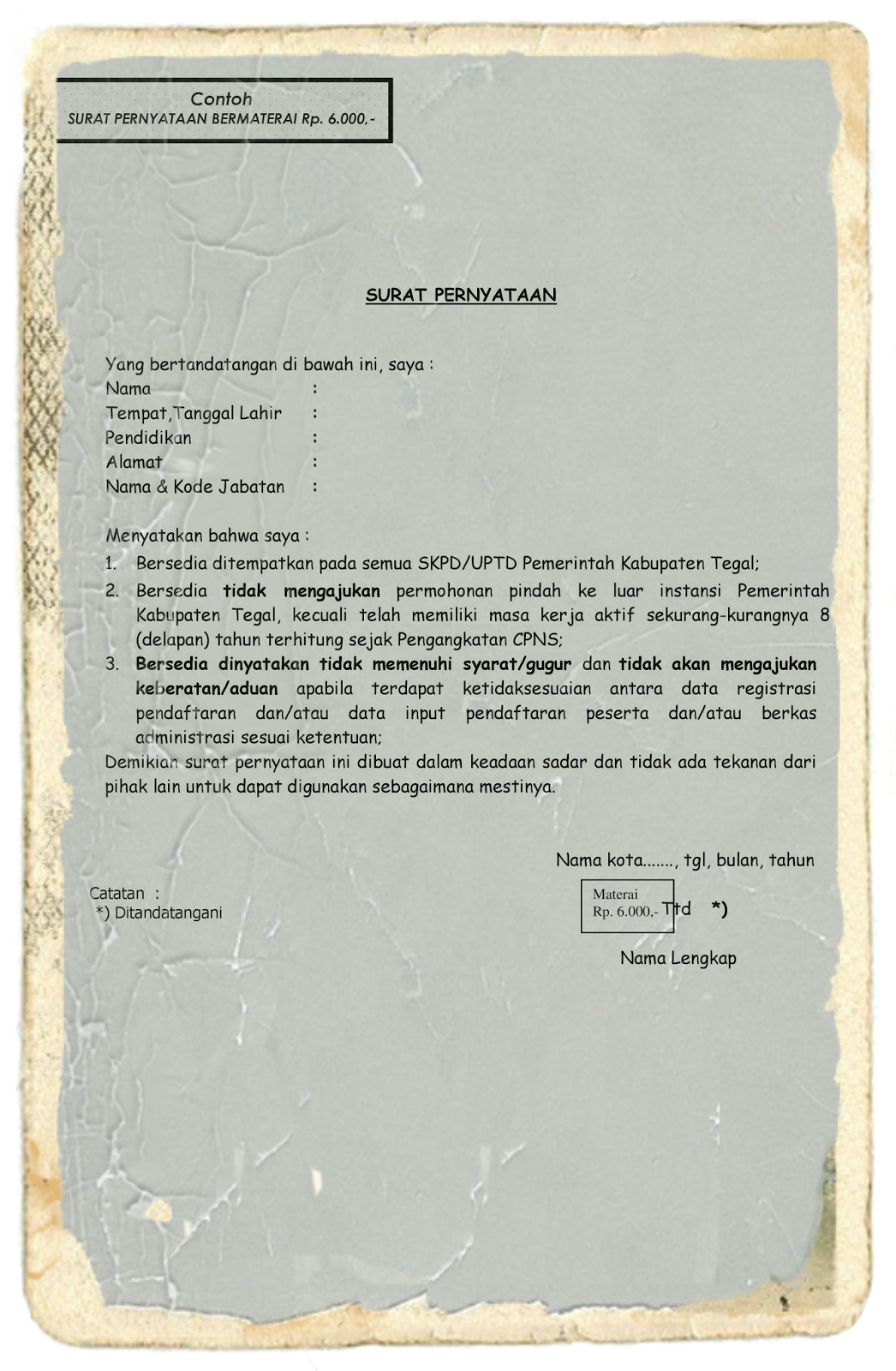 Contoh Surat Pernyataan Bersedia Ditempatkan di Seluruh 