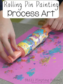 Foam stickers, a rolling pin, and paint create the perfect process art invitation for kids! I love how this art station is set up and provides lots of fine motor work!