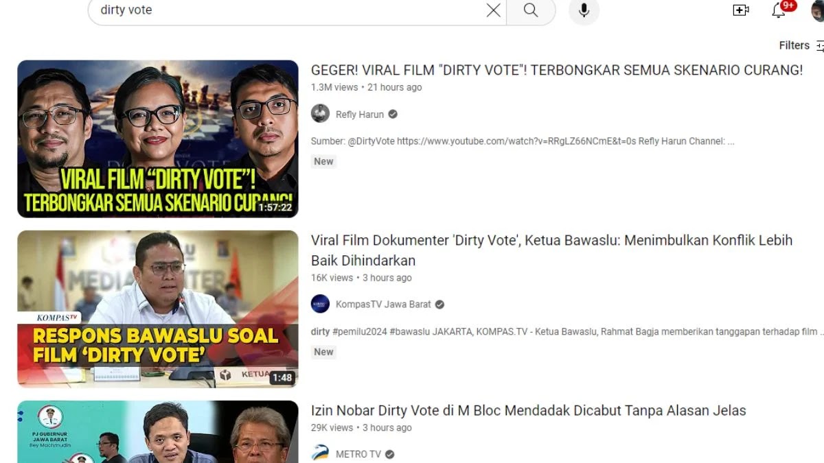 Film Dirty Vote Mendadak Hilang dari Pencarian YouTube, Ada Apa?