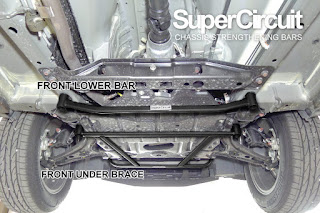 Perodua Aruz front undercarriage with the SUPERCIRCUIT Front Lower Bar and Front Under Brace highlighted.