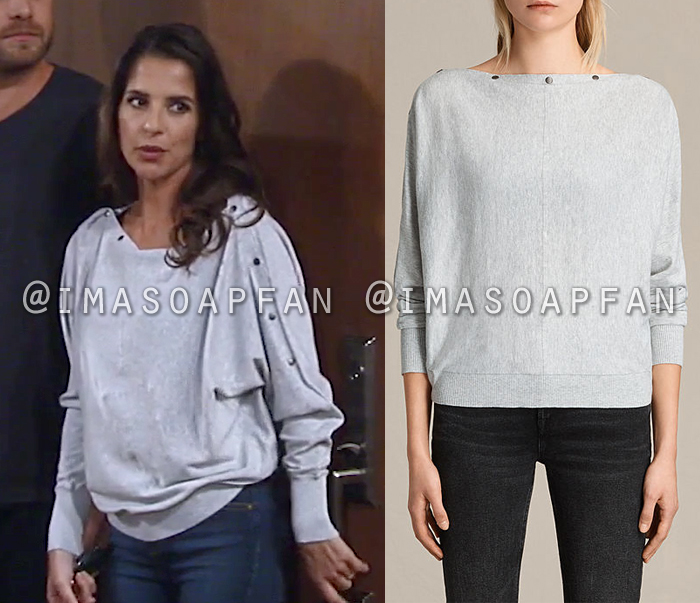 Sam Morgan, Kelly Monaco, Grey Sweater with Snap Button Neckline, General Hospital, GH